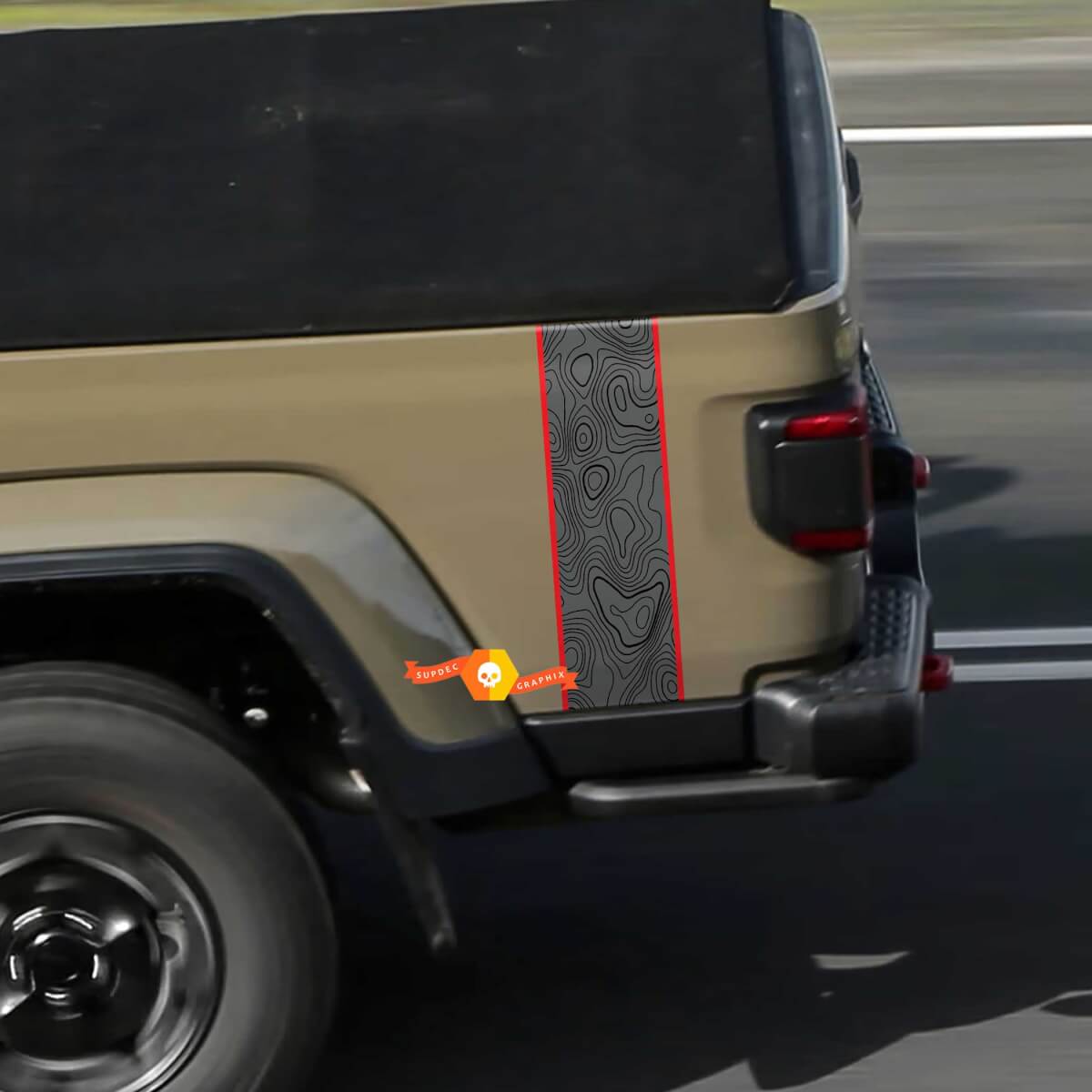 Jeep Gladiator Mappa topografica Striscia laterale posteriore Grafica in vinile 3 colori
