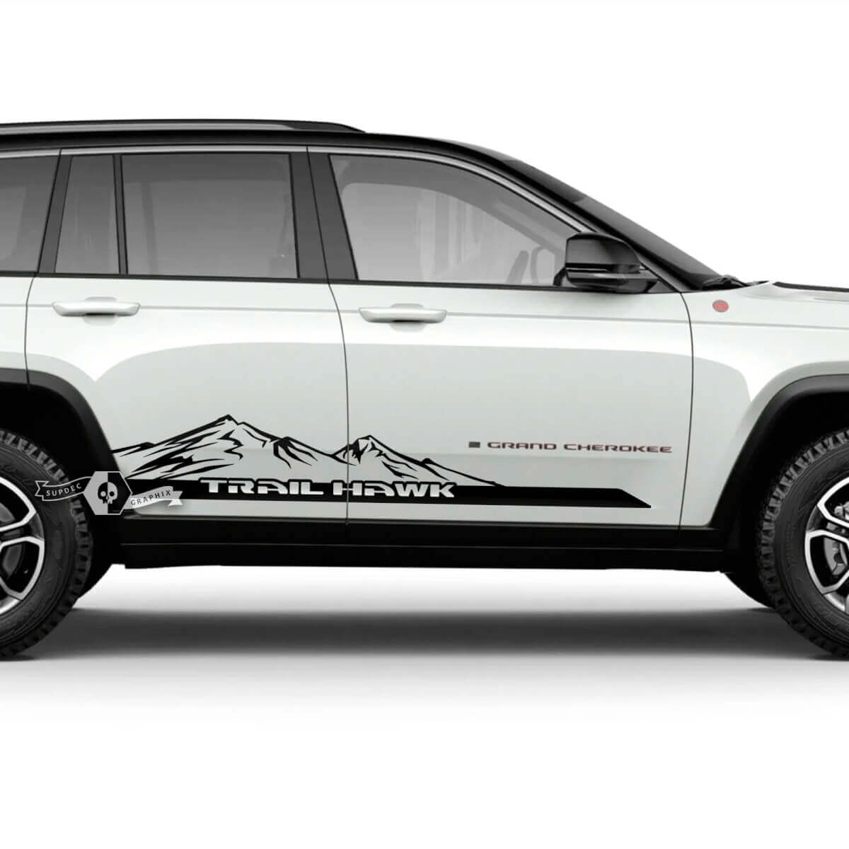 Coppia di adesivi grafici con logo Jeep Grand Cherokee Trailhawk Doors Mountains 2023+
