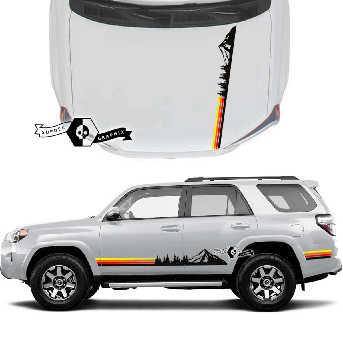 Coppia 4Runner 2023 Cofano porta laterale Vecchia scuola Tramonto Vinile Montagne Foresta Decalcomanie Adesivi a strisce per Toyota 4Runner TRD
