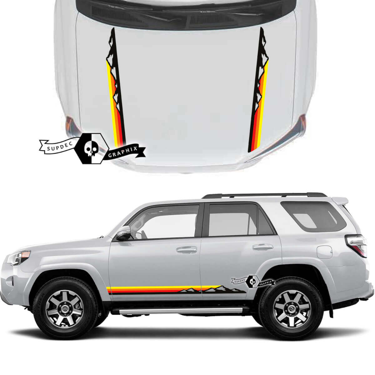 Coppia 4Runner 2023 Cofano porta laterale Vecchia scuola Tramonto Vinile Montagne Decalcomanie Adesivi a strisce per Toyota 4Runner TRD Kit
