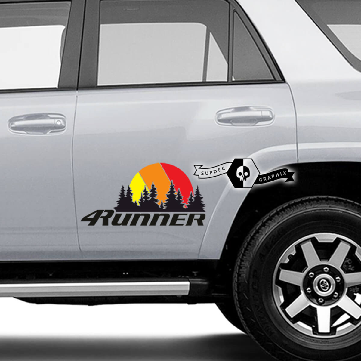 Coppia 4Runner 2023 Porta laterale Old School Tramonto Vinile Montagne Foresta Decalcomanie Adesivi per Toyota 4Runner TRD
