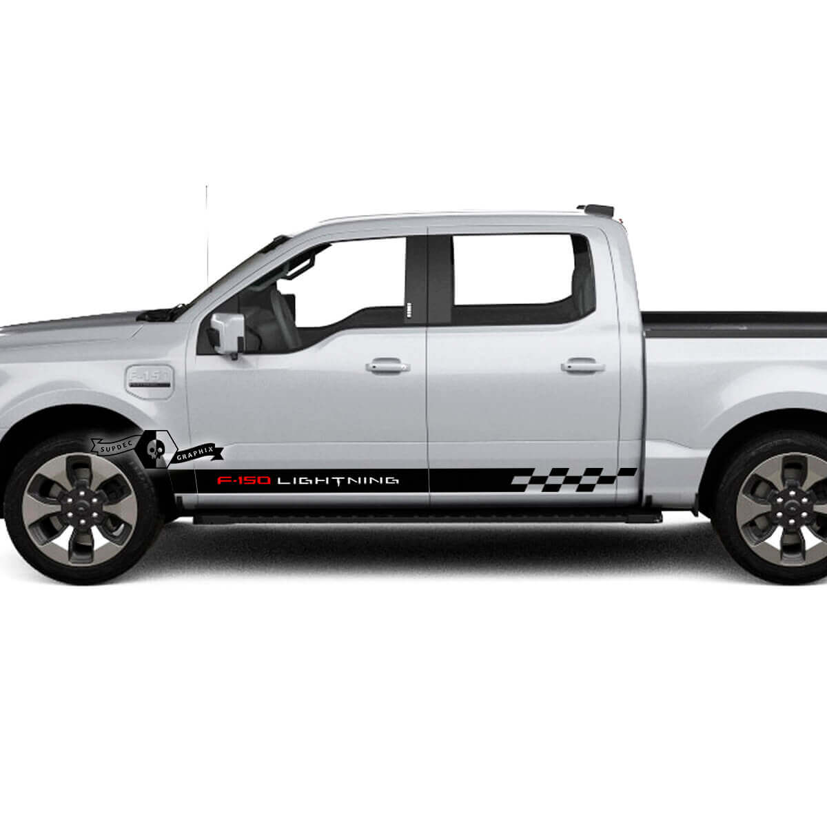 Coppia adesivi laterali per Ford F-150 Lightning 2022-2023 con strisce a scacchi e bandiera, in vinile adesivo per carrozzeria.
