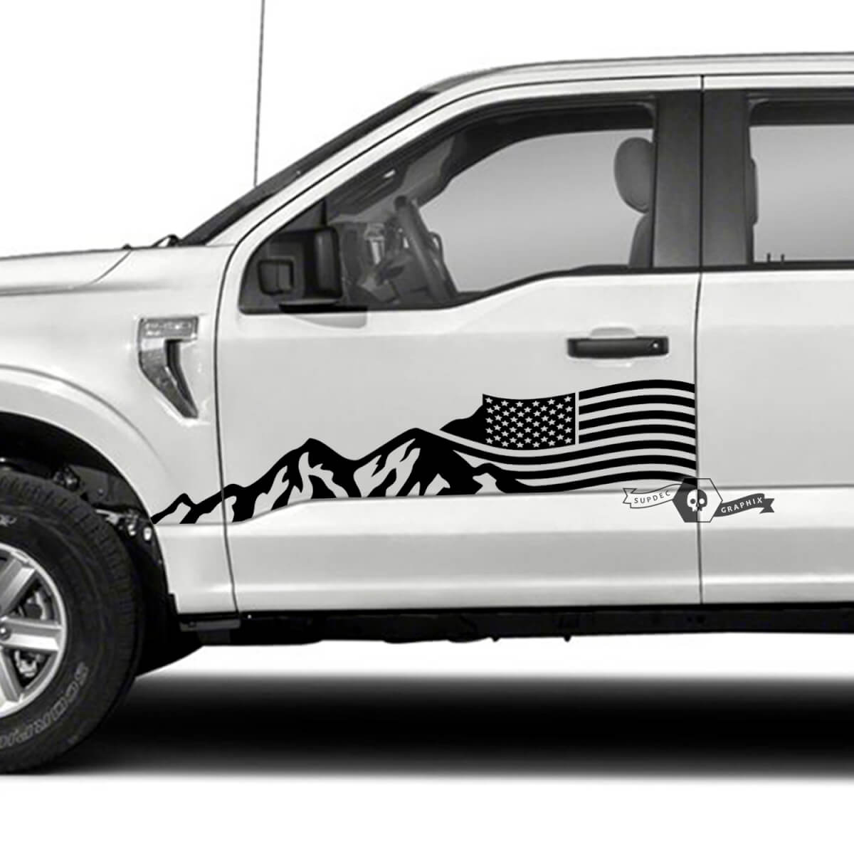 Adesivo in vinile con bandiera USA e montagne per fianco, per musclecar, camion XLT