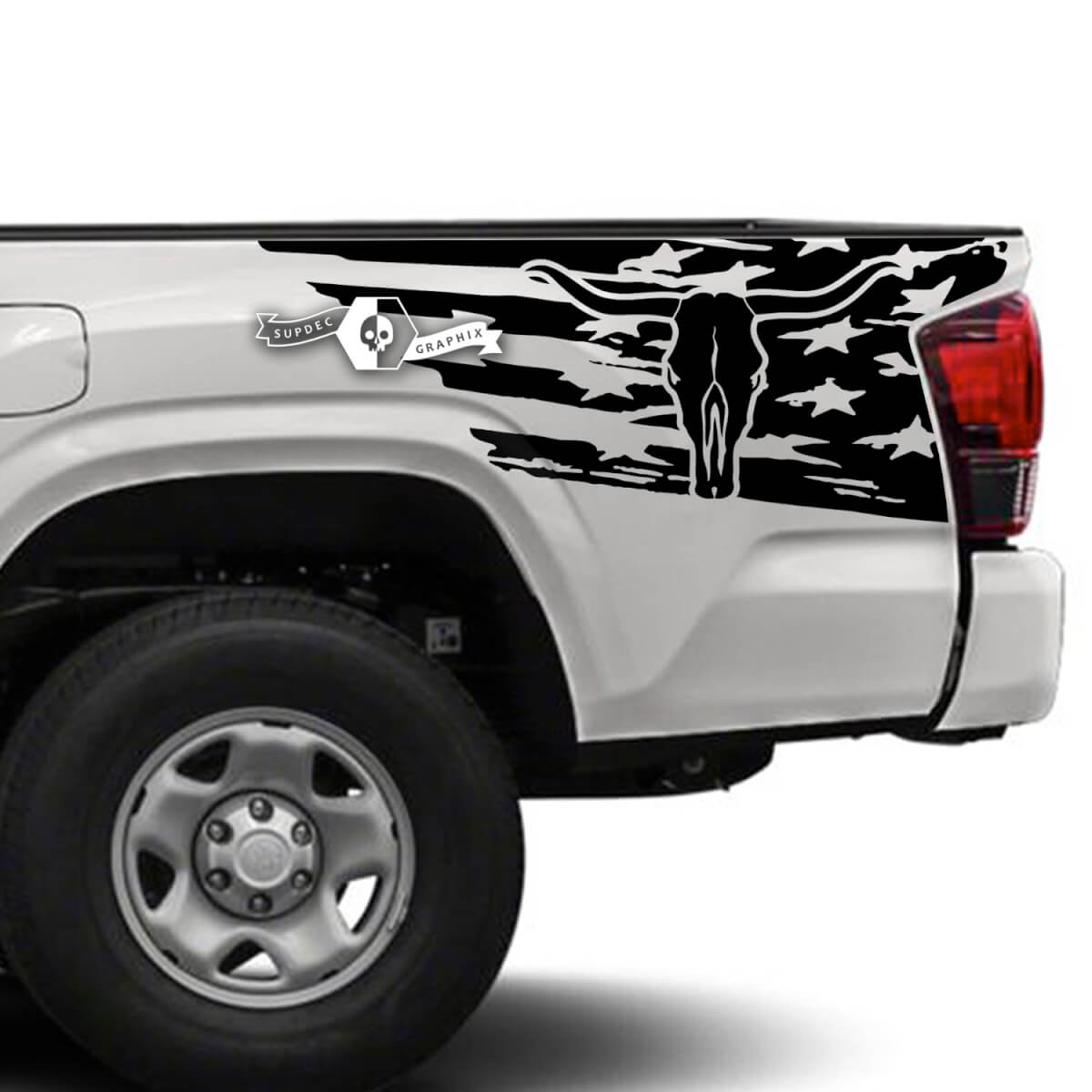 Adesivo in Vinile con Teschio di Toro e Bandiera USA per Toyota Tacoma
