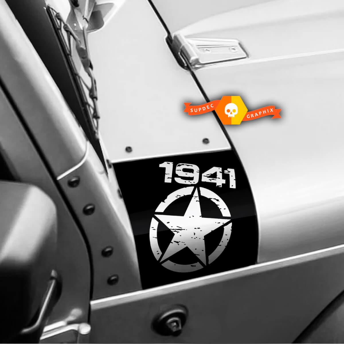 Coppia Jeep 1941 Wrangler Distressed Star Black Ops Oscar Mike Hood adesivi in ​​vinile set completo di decalcomanie
