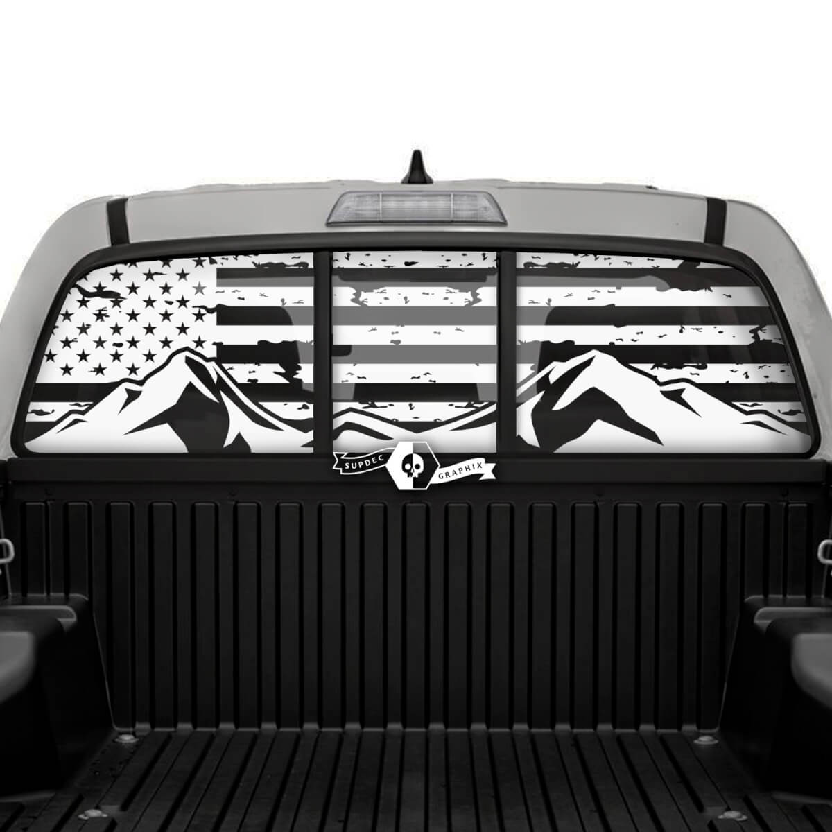Adesivo in vinile per finestrino posteriore con bandiera USA e montagne per Toyota Tacoma