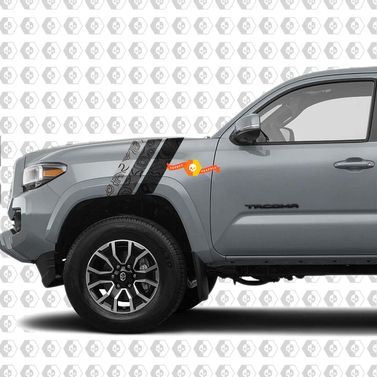 Coppia di adesivi per decalcomanie in vinile laterali a strisce con mappa topografica sul cofano Fender Toyota Tacoma SR5 TRD
