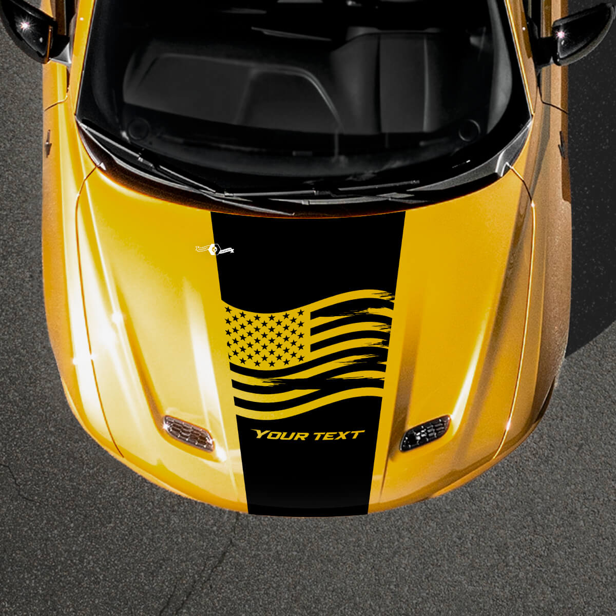 Adesivo in vinile con bandiera USA e testo personalizzato per cofano Dodge Hornet