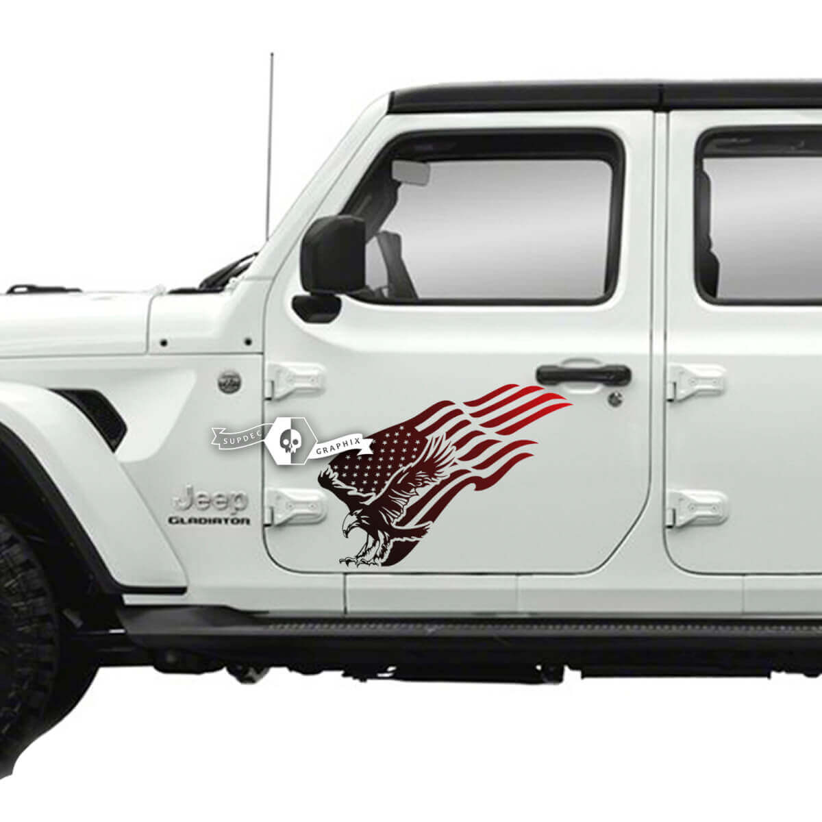 Coppia di Jeep Gladiator Side Door Bandiera USA Bald Eagle Adesivi Decalcomanie Grafica in vinile Striscia sfumata
