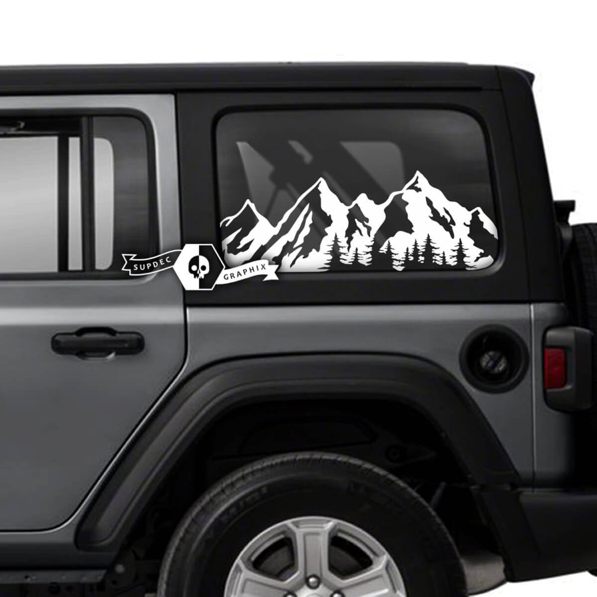 Coppia di Jeep Wrangler Unlimited porta laterale finestra montagne foresta adesivi decalcomanie finiture grafica in vinile
