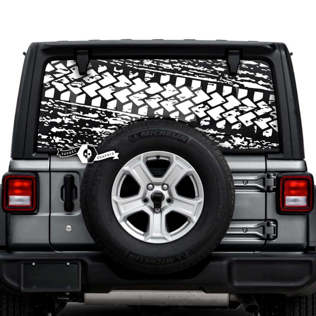 Jeep Wrangler Unlimited Lunotto posteriore Fango Splash Distrutto Pneumatico Traccia Adesivi Decalcomanie Grafica in vinile

