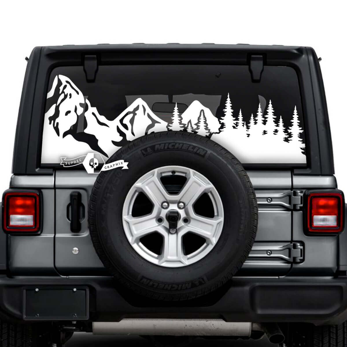 Jeep Wrangler Unlimited Lunotto posteriore Mud Splash Montagne Foresta Pneumatici Pista Adesivi Decalcomanie Grafica in vinile

