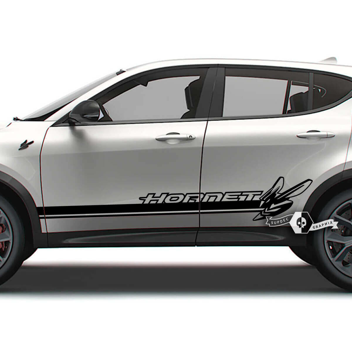 Coppia adesivi per decalcomanie in vinile con logo a strisce laterali per porte Dodge Hornet
