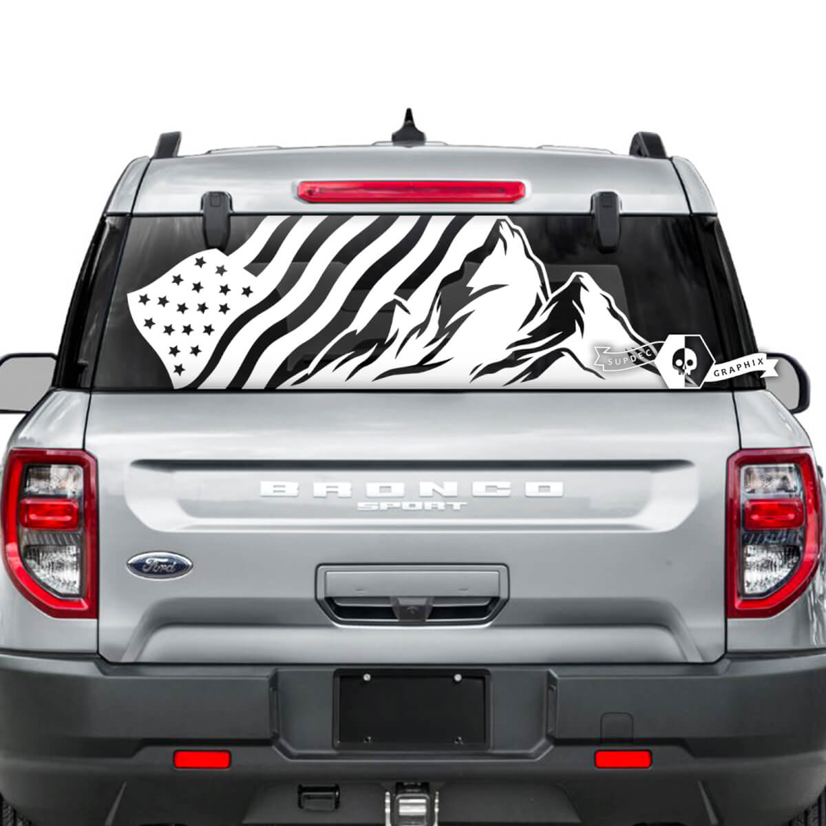 Decalcomanie per adesivi grafici con strisce di montagna con bandiera USA per finestrino posteriore Ford Bronco
