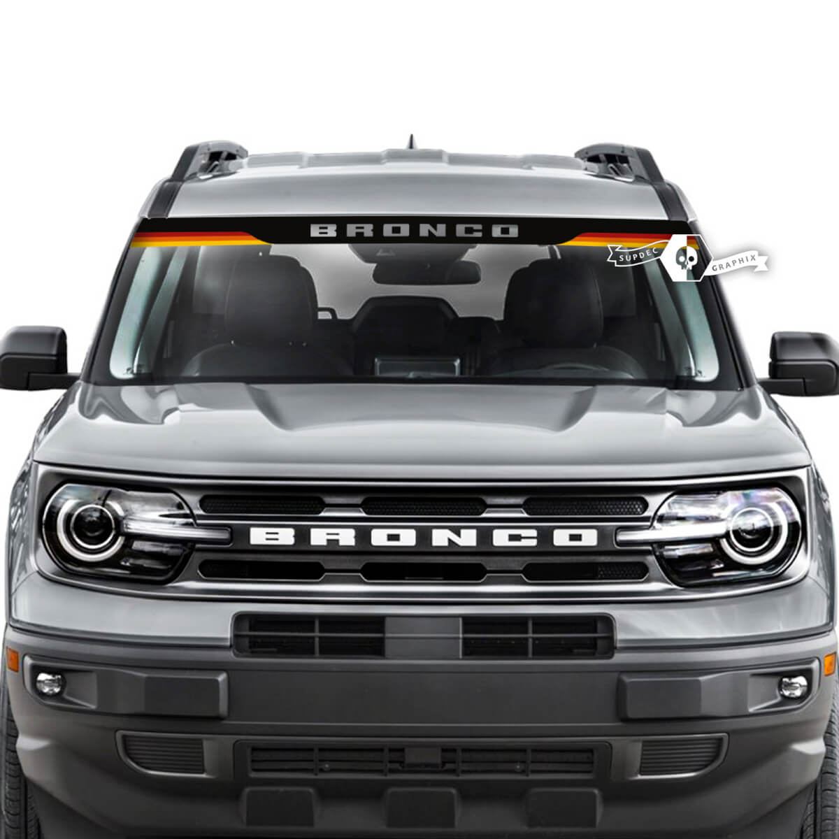 Ford Bronco finestrino parabrezza colori retrò tramonto vecchia scuola strisce grafica adesivi decalcomanie
