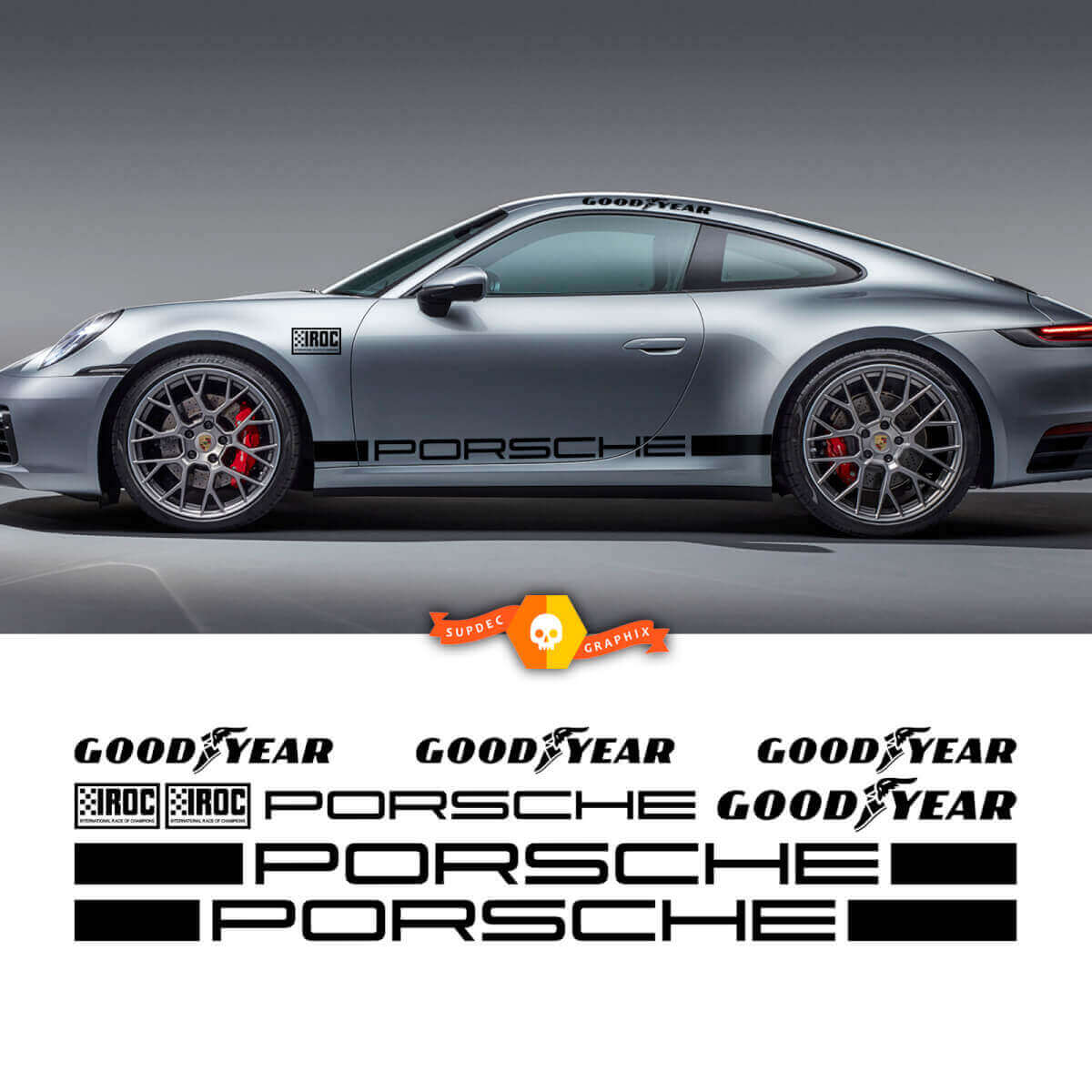 Kit di decalcomanie in vinile a strisce laterali da corsa Goodyear Porsche IROC per Porsche 911 Carrera