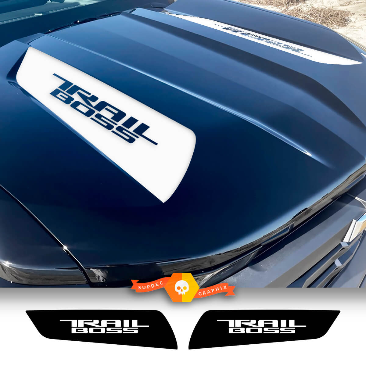 Coppia adesivi decalcomanie in vinile Chevy Colorado Trail Boss Hood Spear
