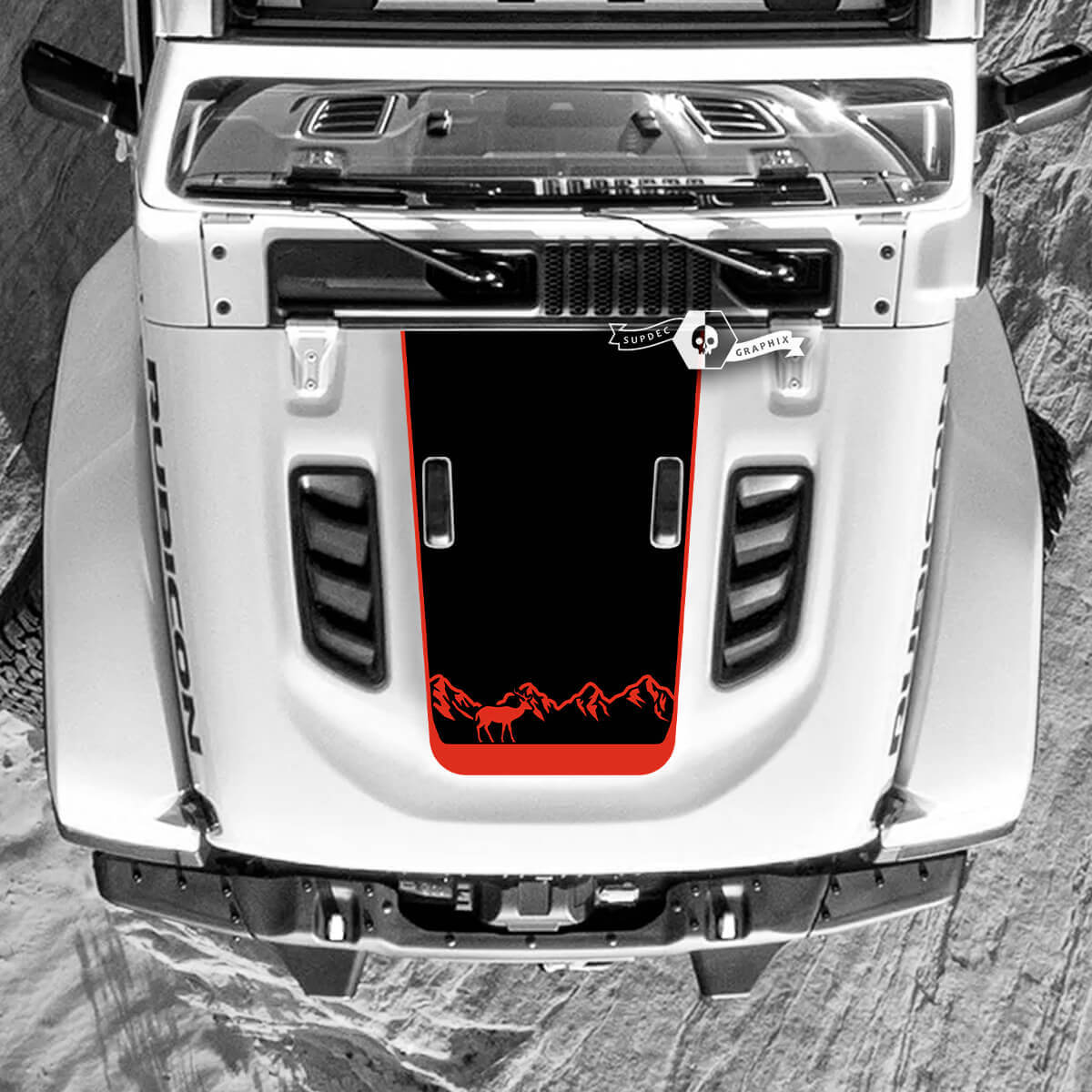 Jeep Wrangler Hood Mountains Forest Deer adesivi decalcomania in vinile 2 colori
