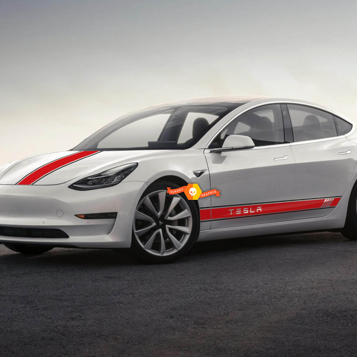 Kit Adesivi in Vinile Strisce Laterali e Sul Cofano Stile Racing per Tesla