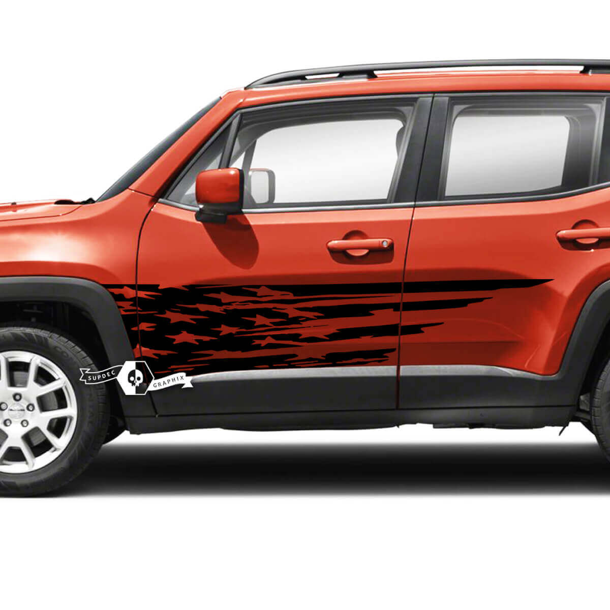 Coppia di adesivi in ​​vinile grafico Jeep Renegade Doors con bandiera USA distrutta
