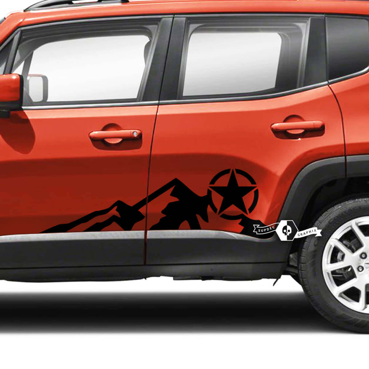Coppia Jeep Renegade Porte Laterali Montagne Grafica Stella Militare Vinile Adesivo Striscia
