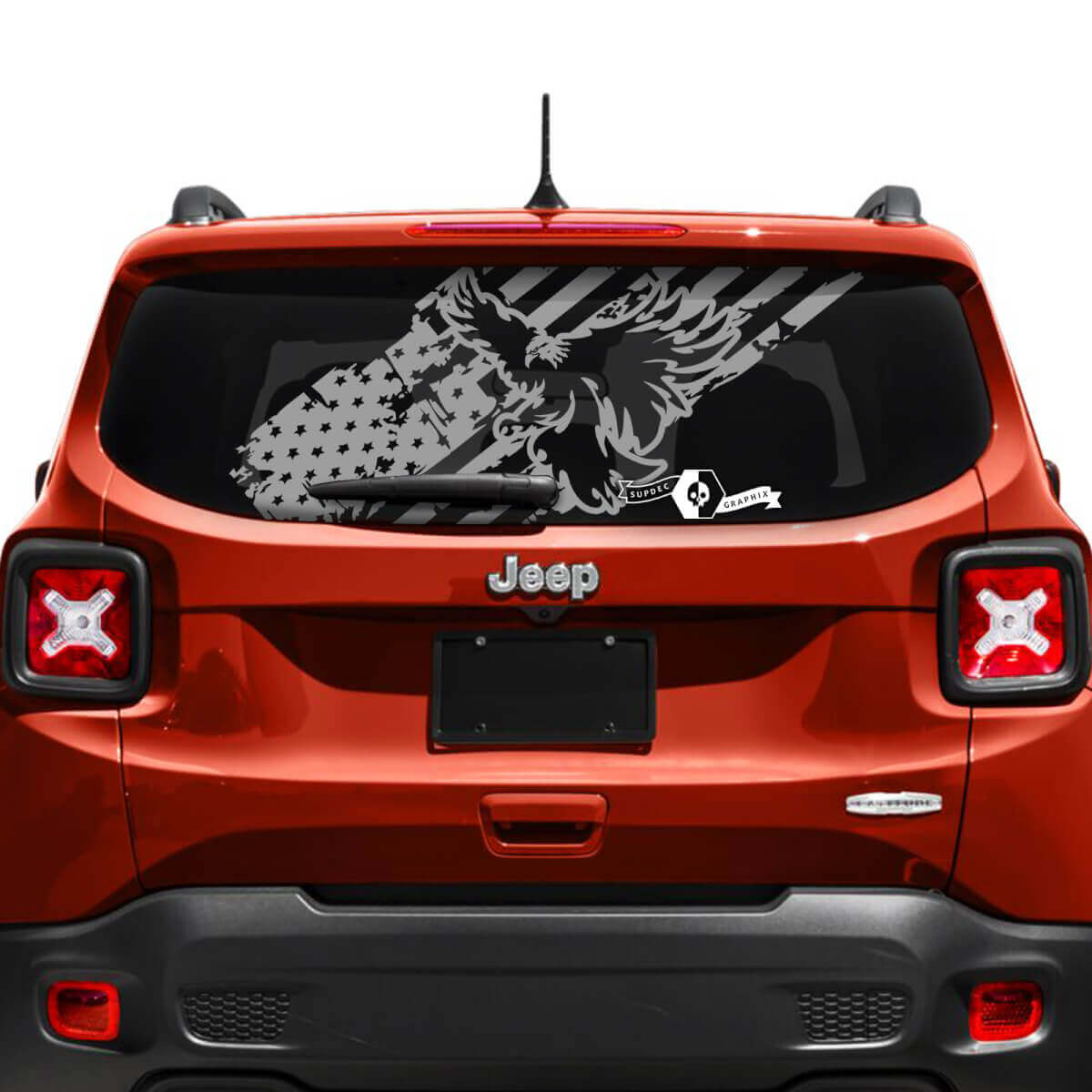 Jeep Renegade portellone finestra bandiera USA malconcio distrutto adesivo in vinile
