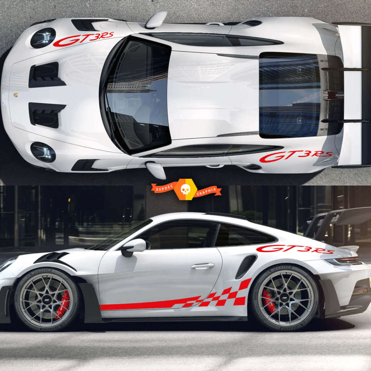 Kit Adesivi Vinile Strisce Laterali a Scacchiera e GT3 RS per Porsche 911
