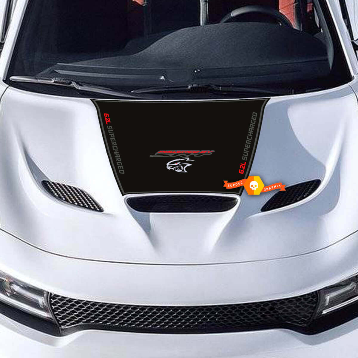 Decalcomania per cofano per caricabatterie 6.2L SUPERCHARGED 6.2L HEMI SRT HELLCAT HEMI Adesivo per decalcomania in vinile 3 colori
