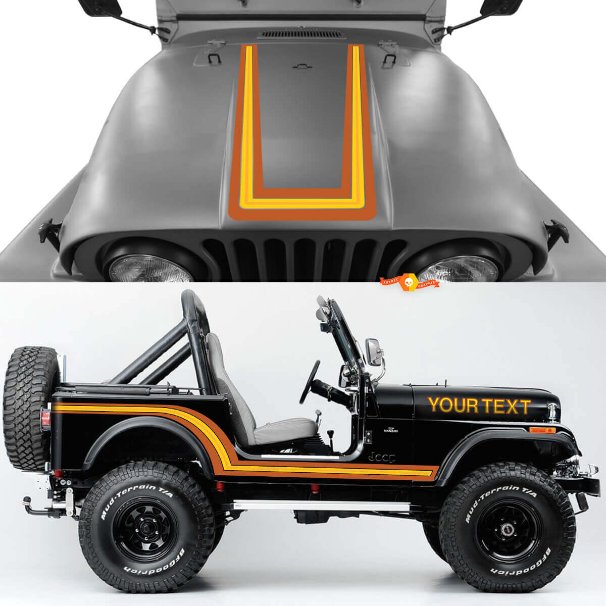 Kit di Adesivi in Vinile con Strisce Cofano e Laterali Stile Vintage per Jeep CJ7 1984-1986