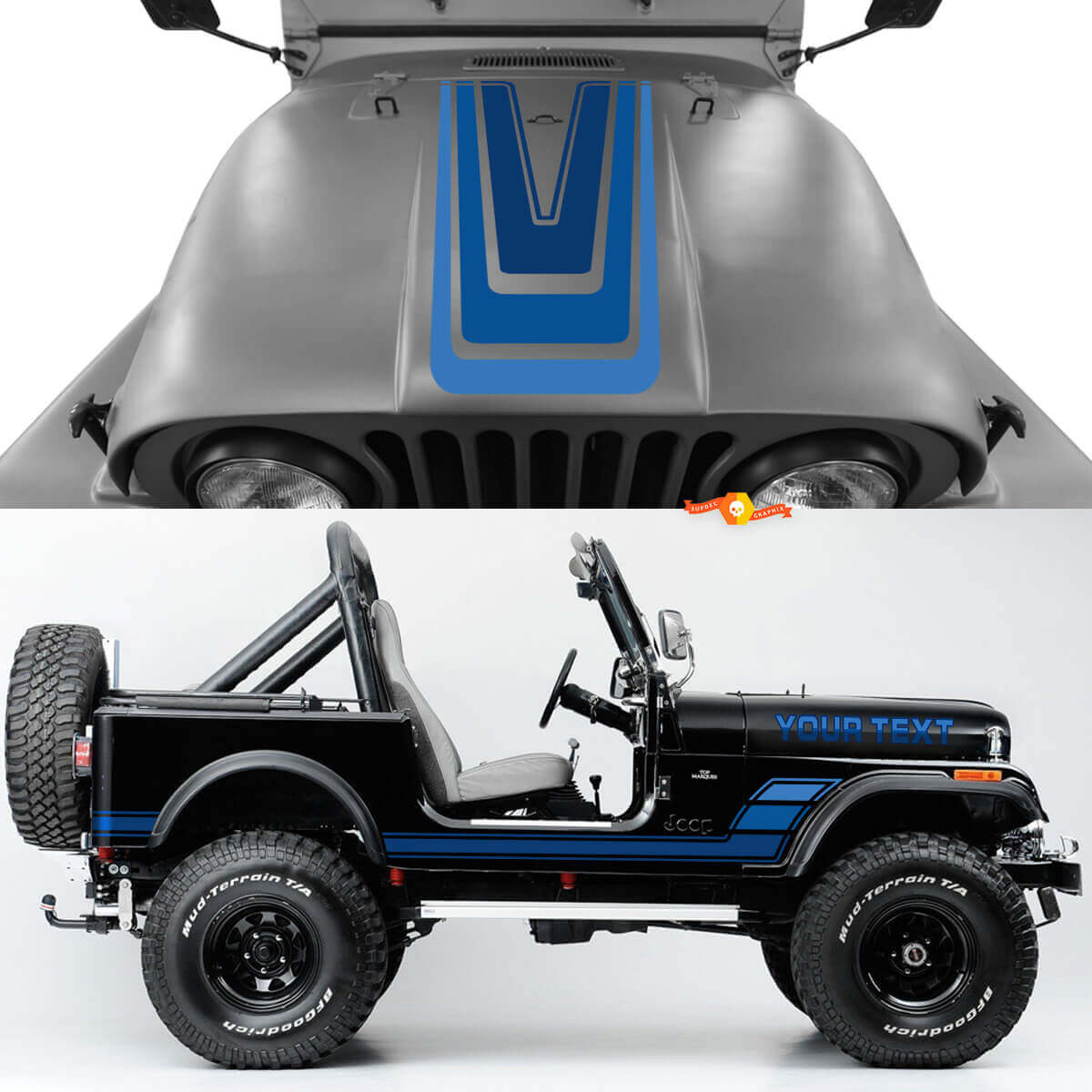 Kit 2 Adesivi Vinile Strisce Vintage Cofano Laterali per Jeep Renegade CJ7