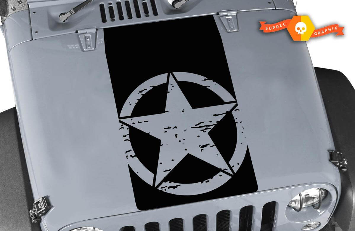 Adesivo in vinile con cappuccio nero a stella militare effetto usurato per Jeep Wrangler