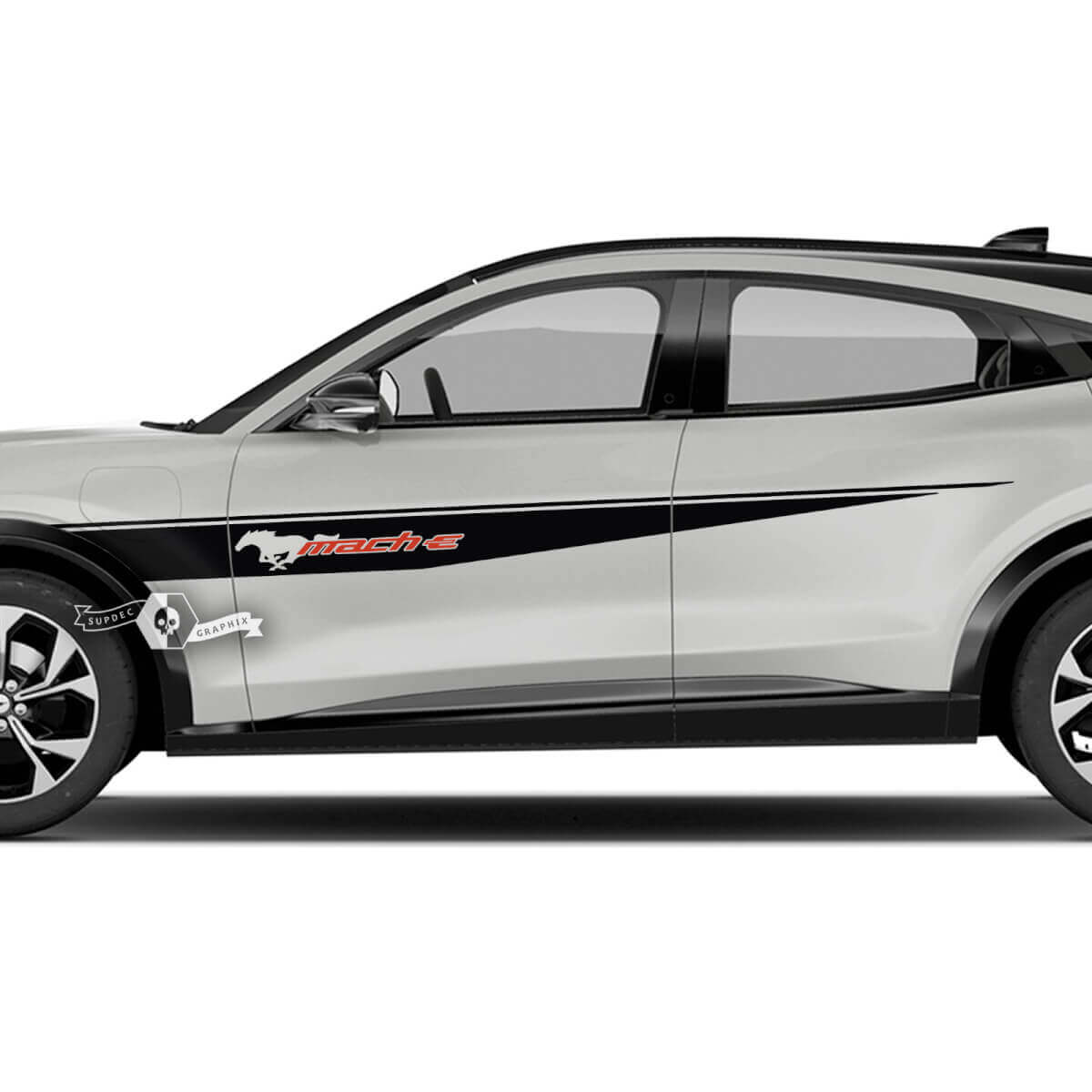 Coppia adesivi in ​​vinile Ford Mustang MACH-E MACH E parafango anteriore strisce della linea superiore porta laterale logo decalcomania 2 colori
