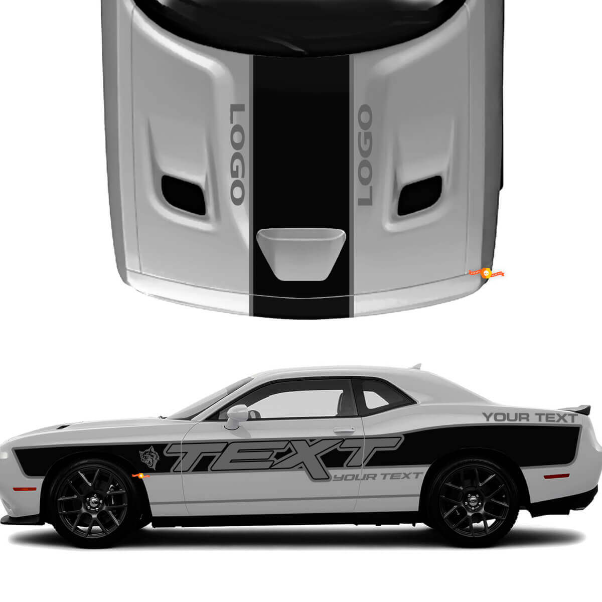 Testo personalizzato con kit decalcomanie in vinile per strisce laterali e cofano per Dodge Challenger