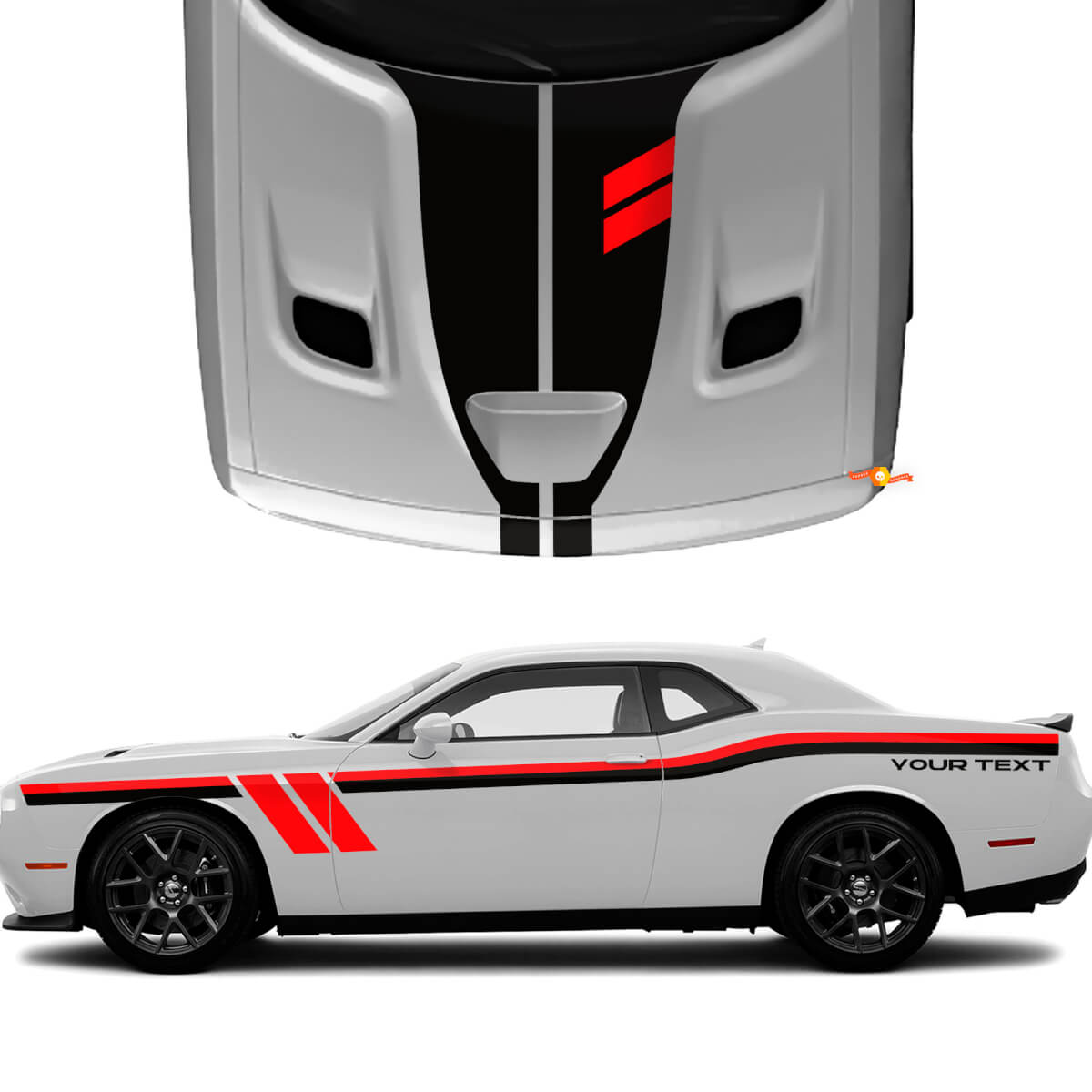 Kit di Decalcomanie in Vinile con Strisce Laterali Doppie e Sul Cofano con Testo Personalizzato per Dodge Challenger