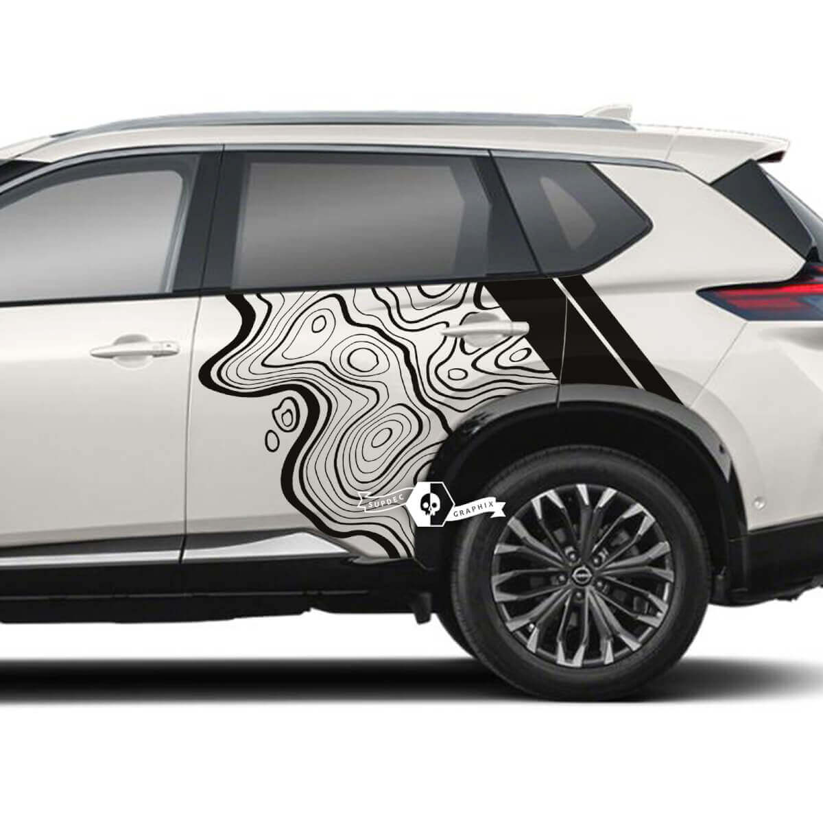 Mappa topografica Nissan Rogue con grafica adesiva in vinile per porte laterali a strisce
