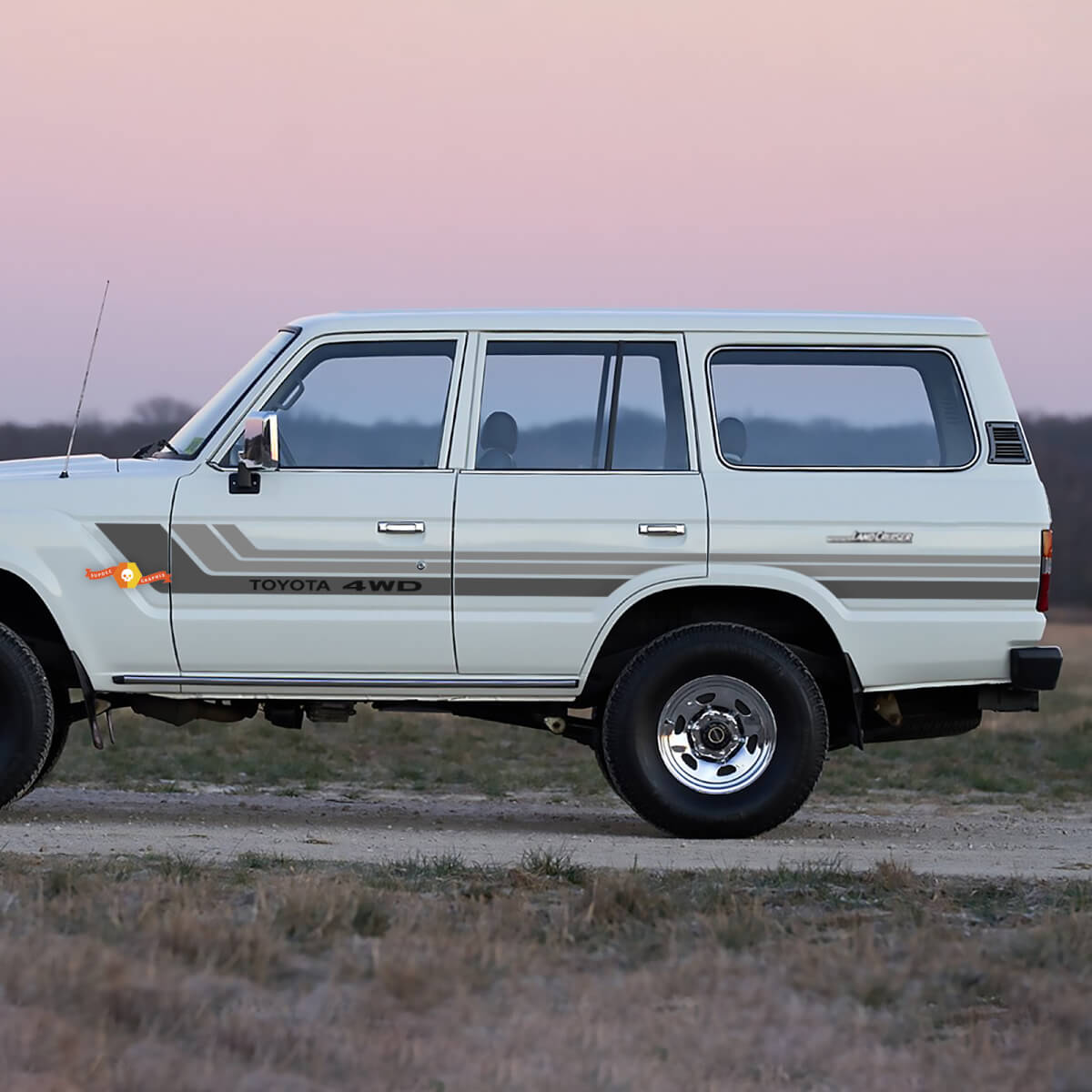 Adesivi per decalcomanie in vinile per porte laterali 4WD con strisce grigie retrò per Toyota Land Cruiser del 1988

