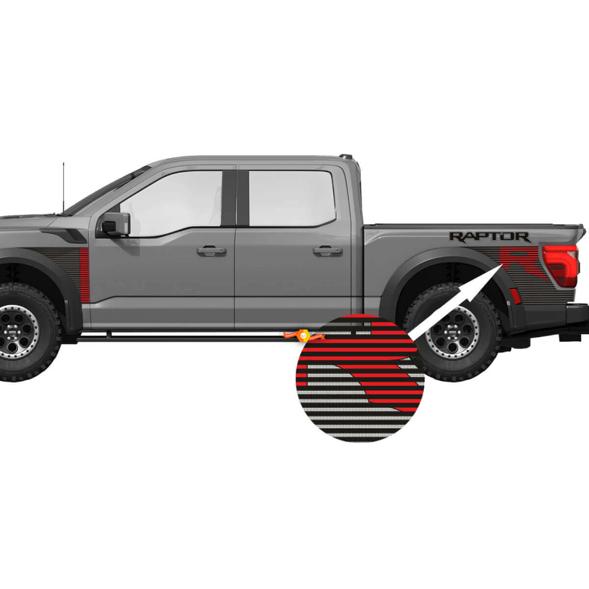 Grafica del parafango anteriore sul lato del comodino adatta alle strisce del kit di decalcomanie per adesivi in ​​vinile Ford F150 Raptor R del 2024
