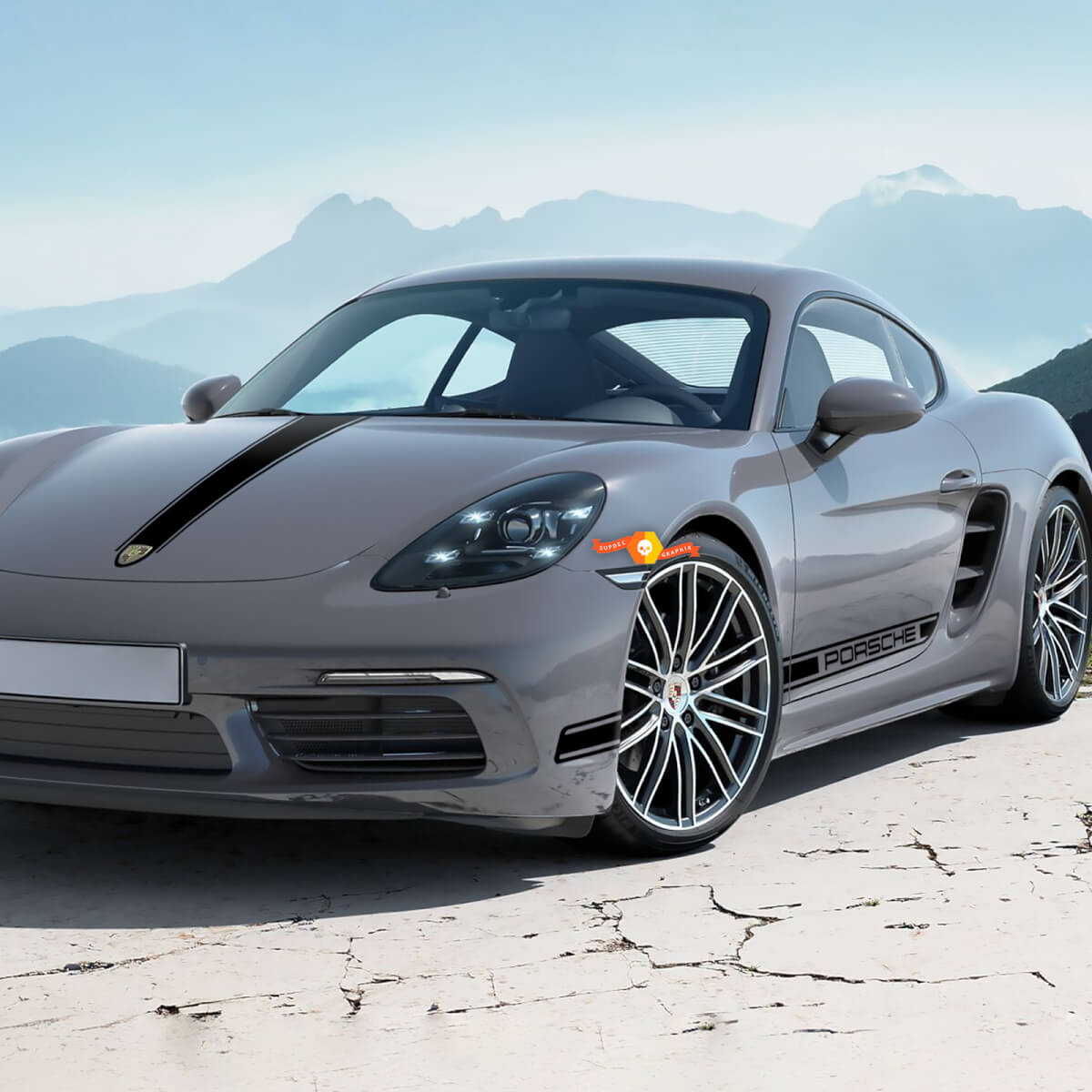 La grafica delle strisce sul cofano e sui lati si adatta alla decalcomania adesiva Porsche 718 Cayman
