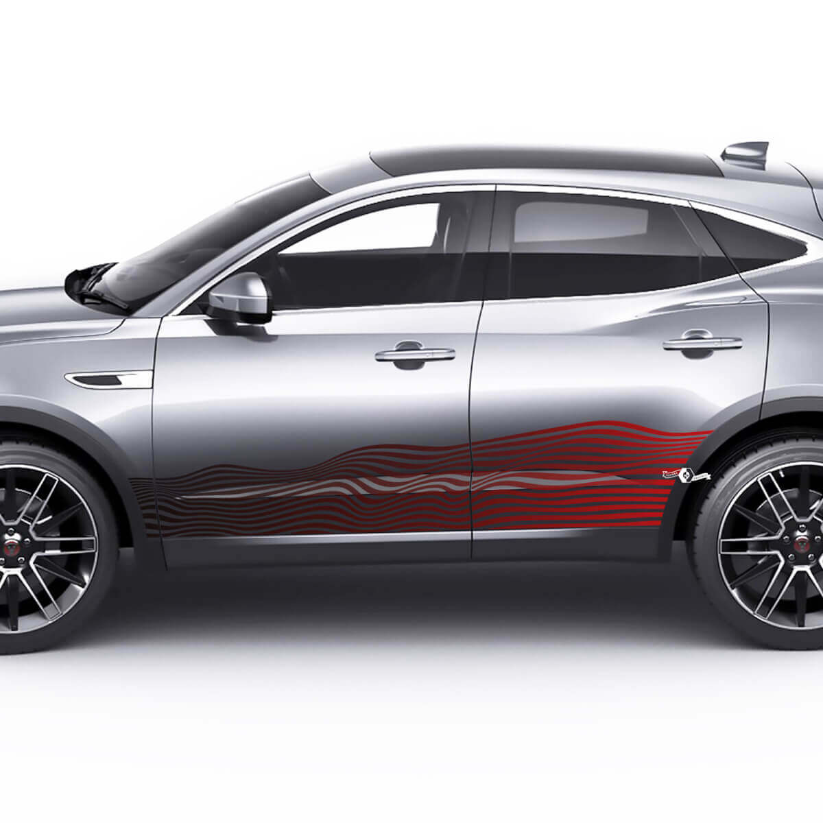 Coppia adesivi con logo Jaguar E-Pace Wave per porte laterali con logo a strisce con grafica sfumata di colore
