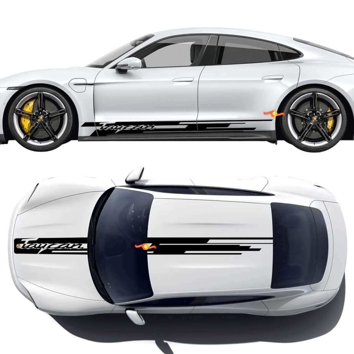 Kit decorativo per il tetto e il cofano laterale Porsche Taycan con strisce e logo Taycan - Adesivi grafici in vinile personalizzati
