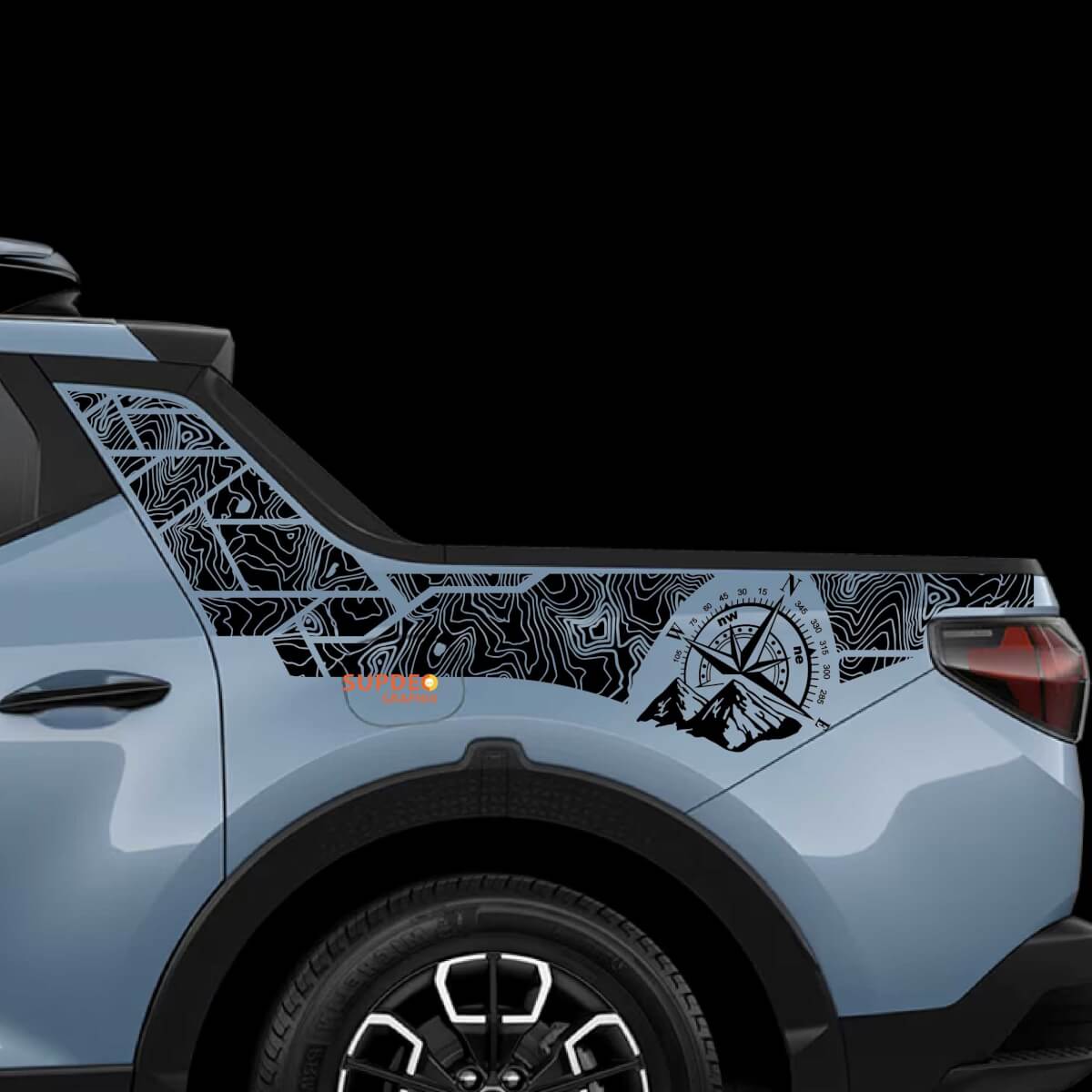 2x adesivi in ​​vinile con mappa topografica Hyundai Santa Cruz, lato comodino, montante posteriore
