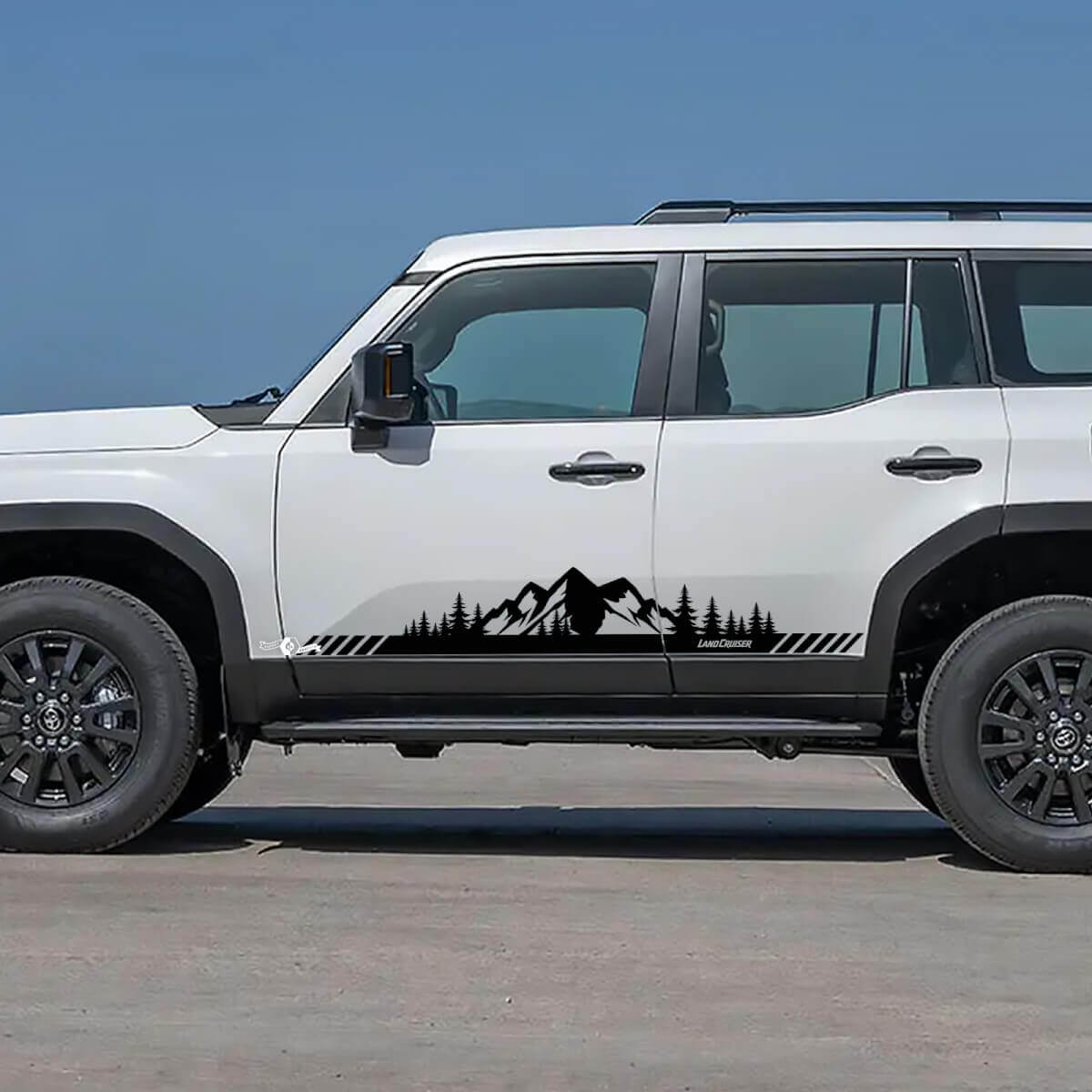 Toyota Land Cruiser porte laterali montagne alberi paesaggio stile decalcomanie adesivi in ​​vinile grafica
