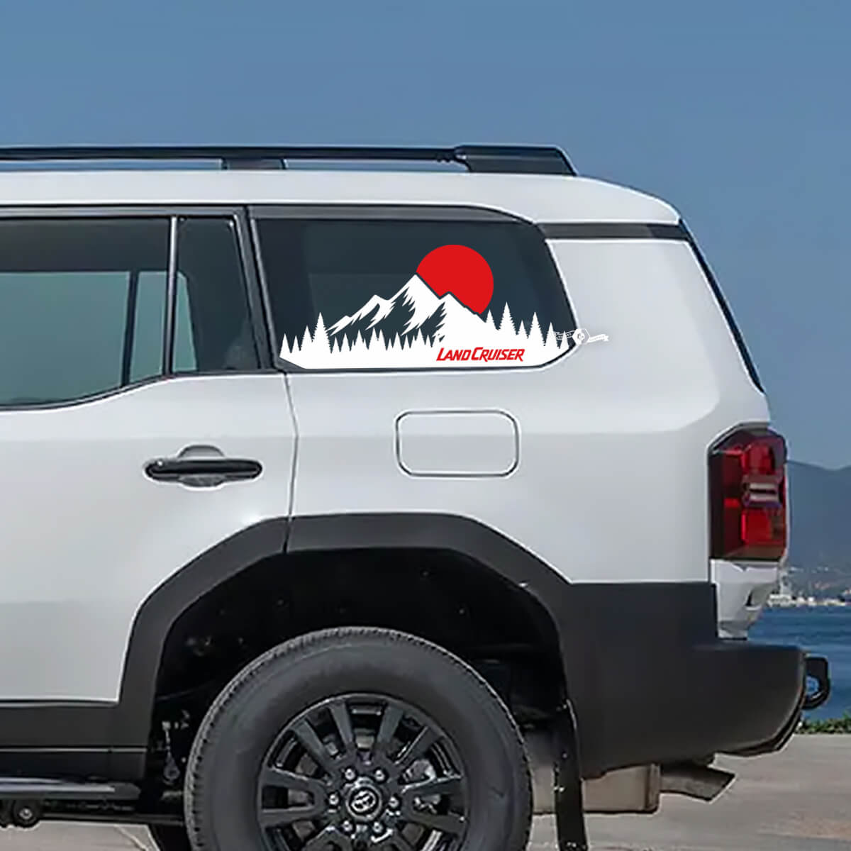 Toyota Land Cruiser topografica finestra lato montagna tramonto decalcomanie adesivi in ​​vinile grafica
