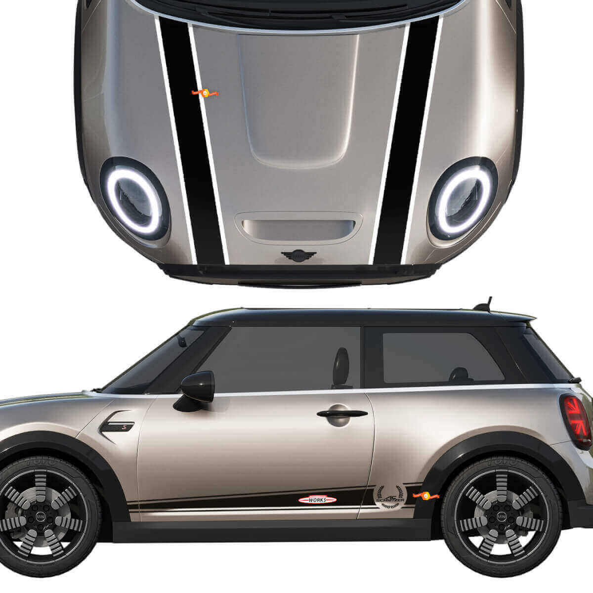 Adesivo Vinilico Strisce John Cooper Works Cofano e Laterale per MINI Cooper