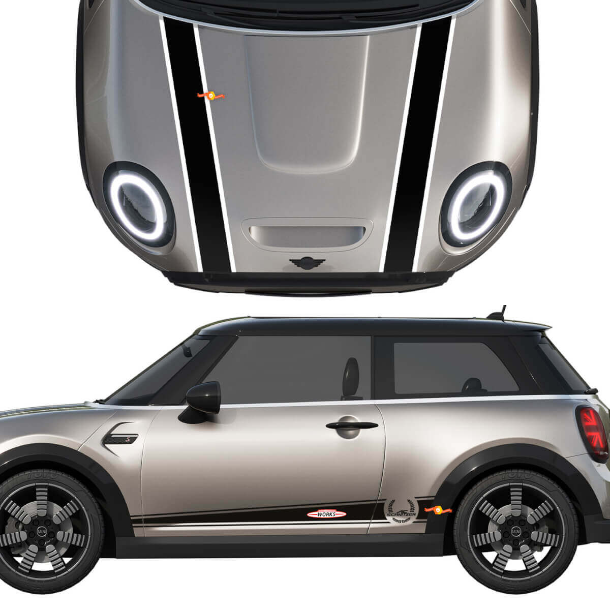 Mini John Cooper Works Ac Schnitzer Hood and Side Doors Stripes Decal Rally Decal e Graphics
