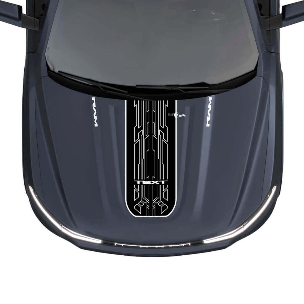 Striscia Adesiva Vinile Personalizzata in Stile Techno per Cofano Dodge Ram 1500 REV