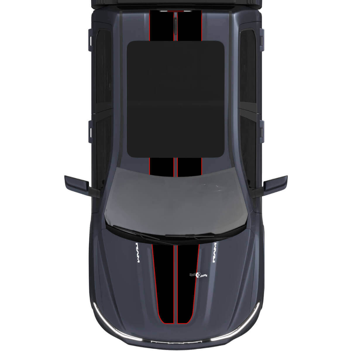 Adesivi in vinile a doppia striscia centrale per cofano e tetto 3 per Dodge Ram 1500 REV