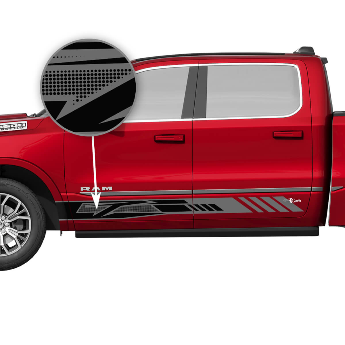 Porte laterali Pannello basculante Strisce Decalcomanie in vinile Adesivi Grafica per Dodge RAM 1500 TUNGSTEN
