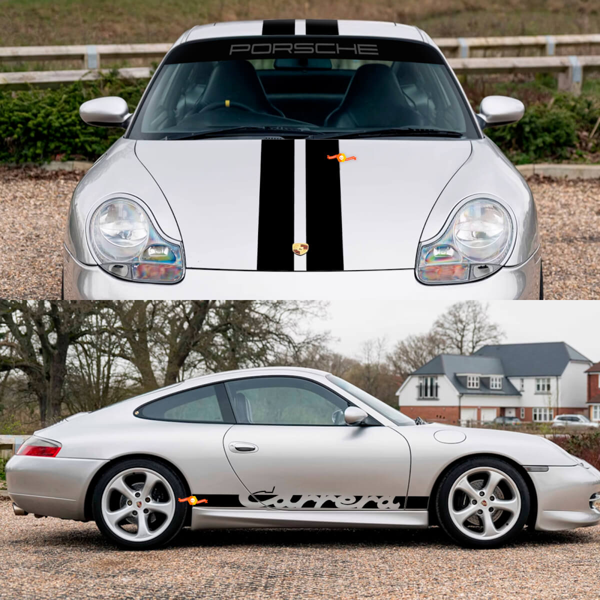 Porsche 911 Carrera Dual Central Stripes Kit di adesivi per decalcomanie per parabrezza con cappuccio retrò
