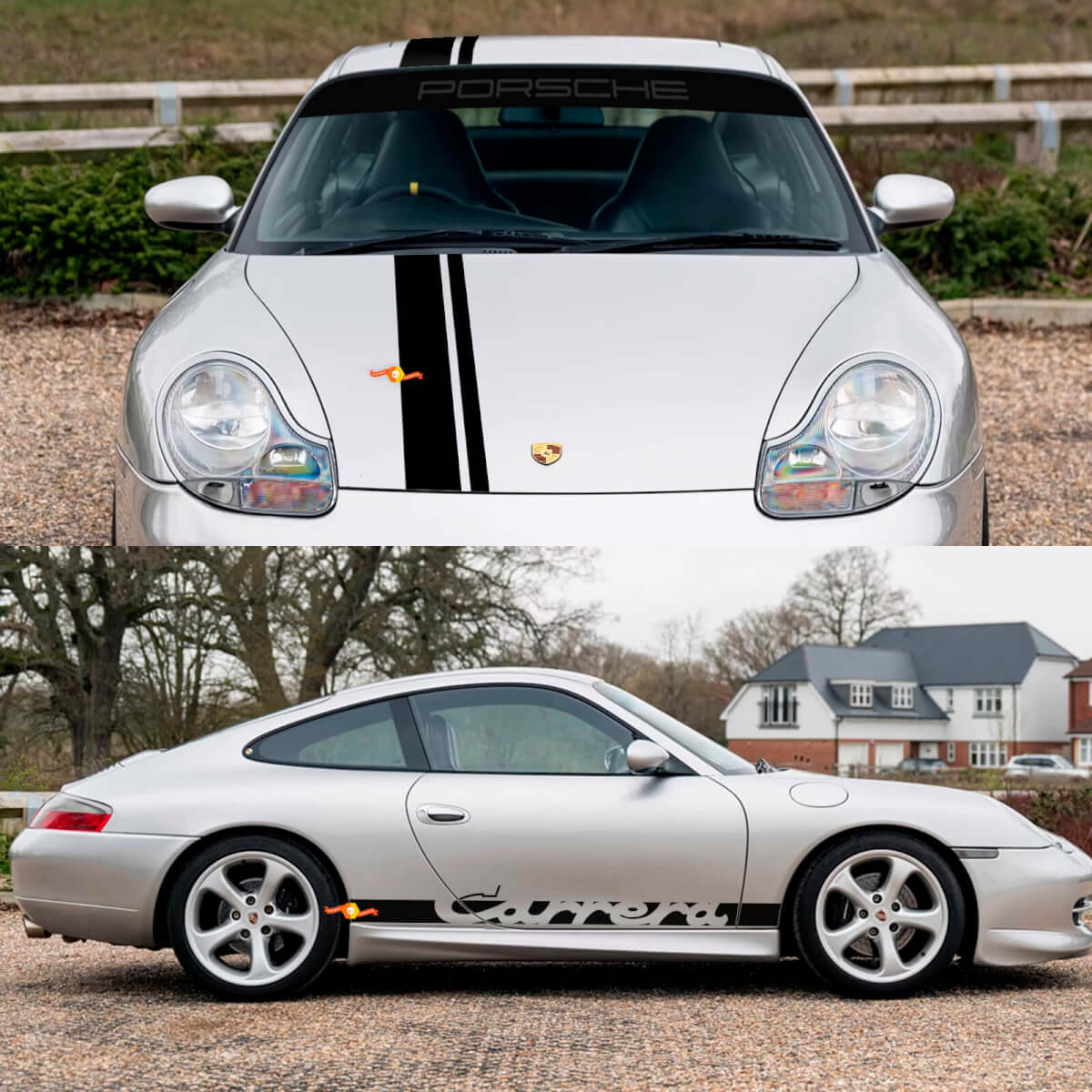 Porsche 911 Carrera Dual Central Stripes Kit di adesivi per decalcomanie per parabrezza con cappuccio retrò
